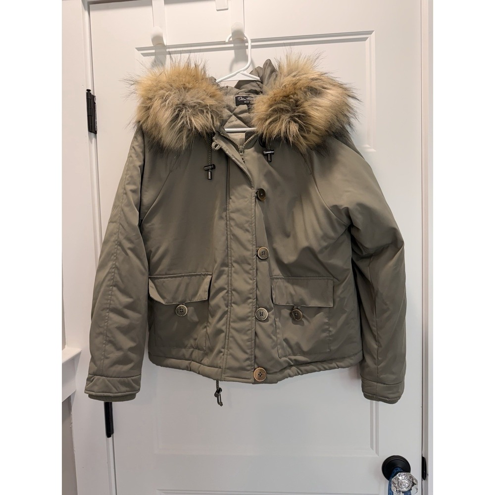 Miss Selfridge Women's Us 10 Faux Fur Trim Hooded Parka Jacket Olive Green
